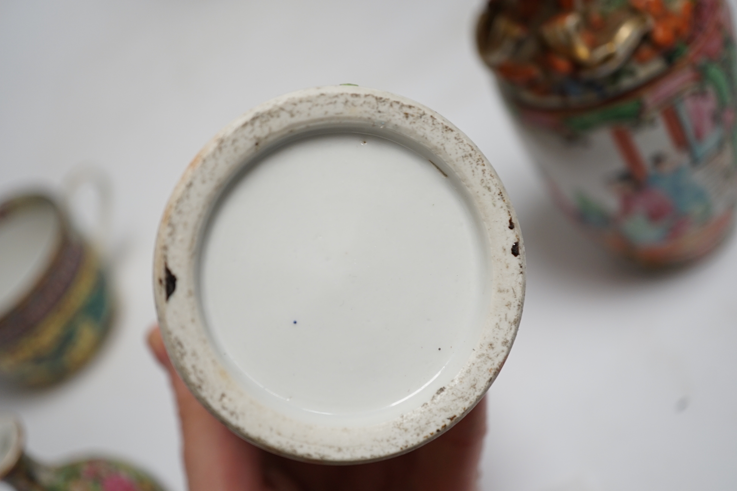 Four Chinese famille rose vases, a dragon cup and miniature blue and white vase (6), tallest 25.5cm high